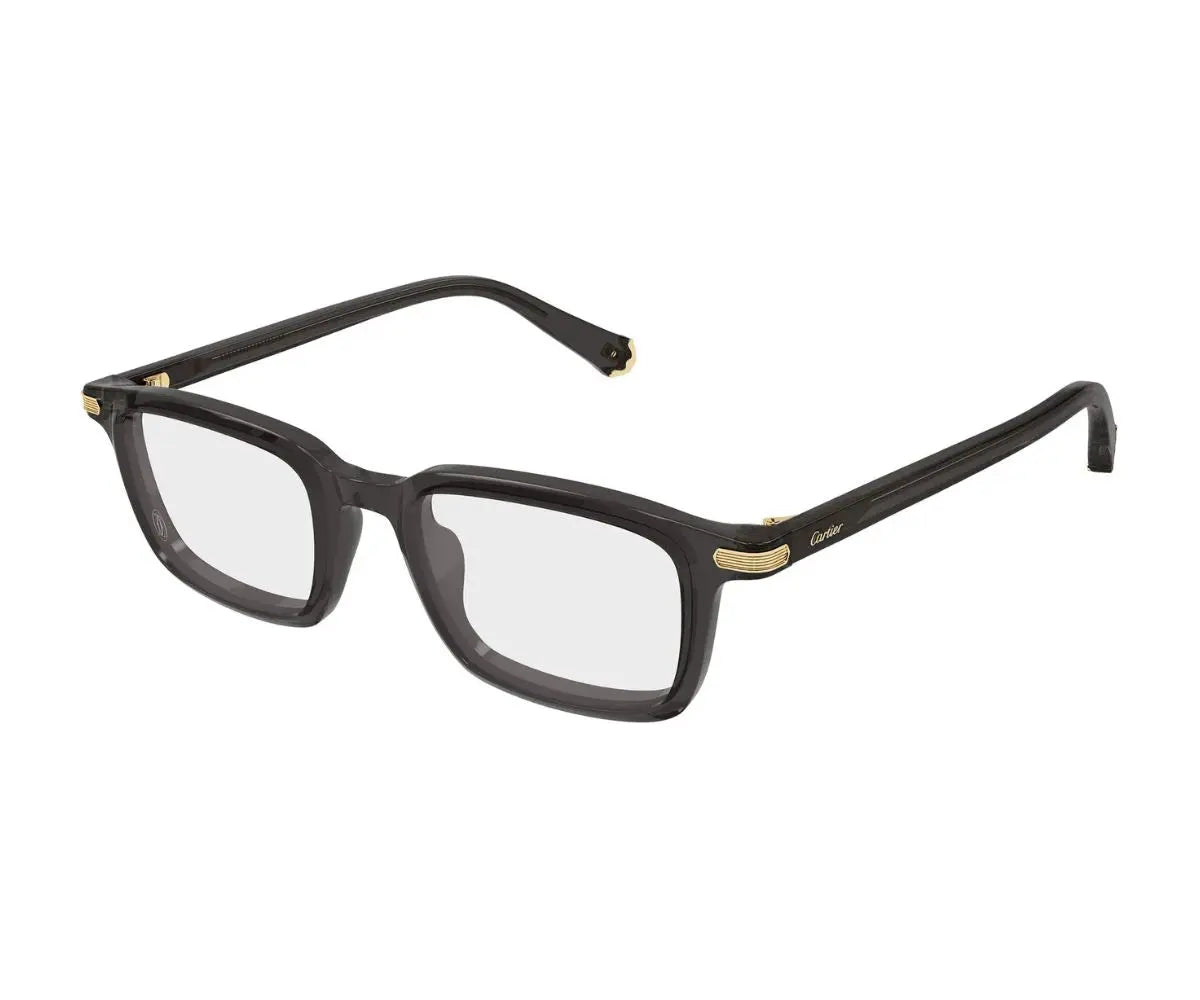 Black eyeglasses with gold accents on a white background