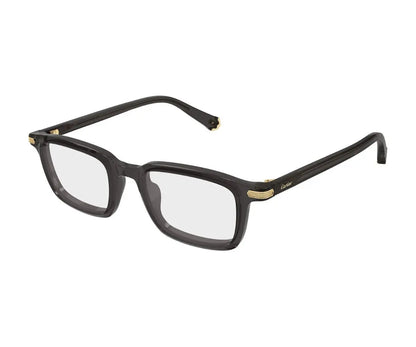 Black eyeglasses with gold accents on a white background