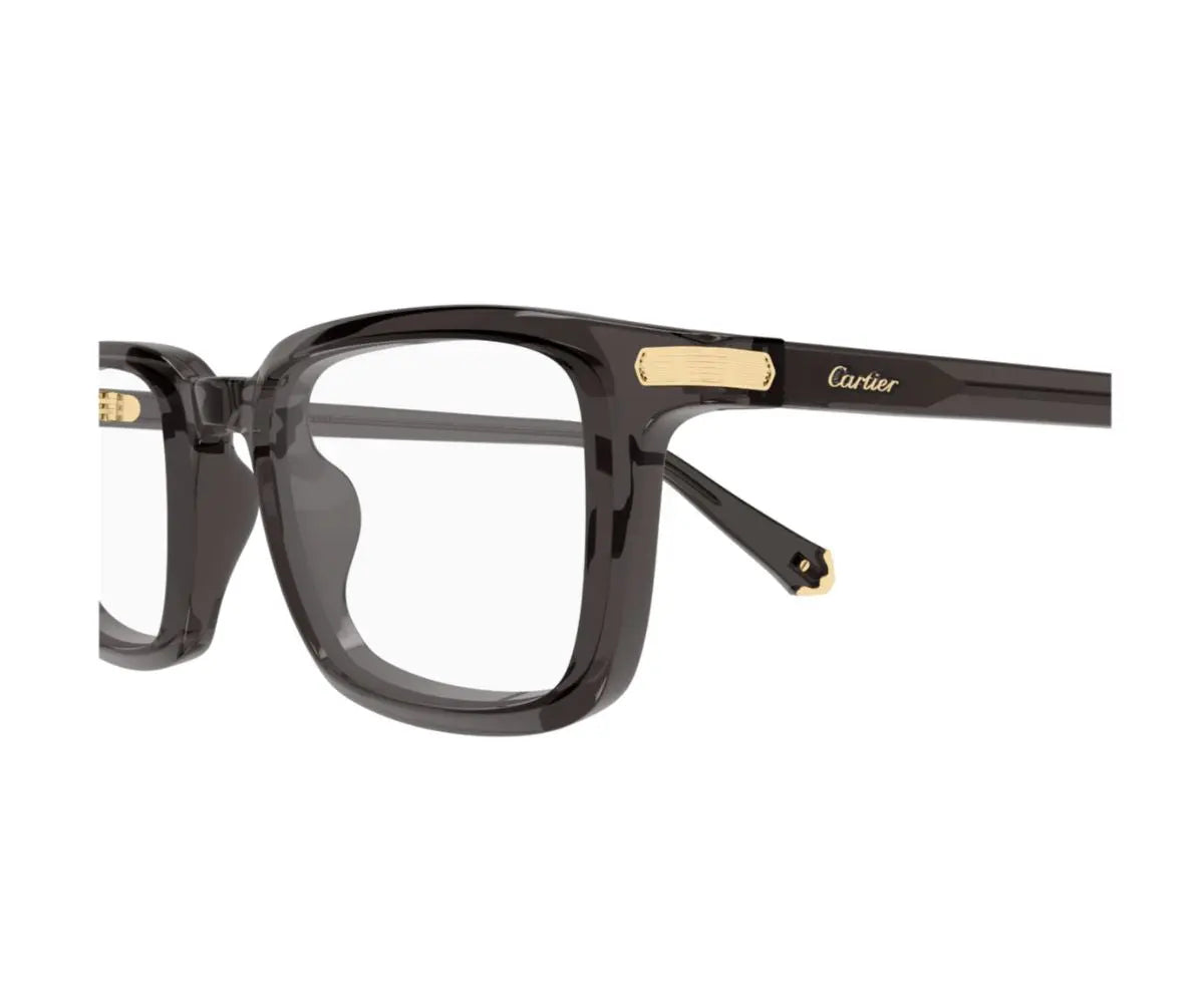 Cartier eyeglasses with black frame and gold accents on a white background