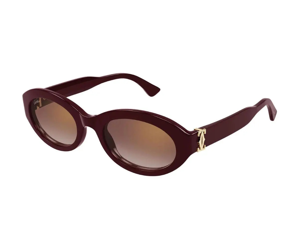 Brown sunglasses with a gold logo on a white background