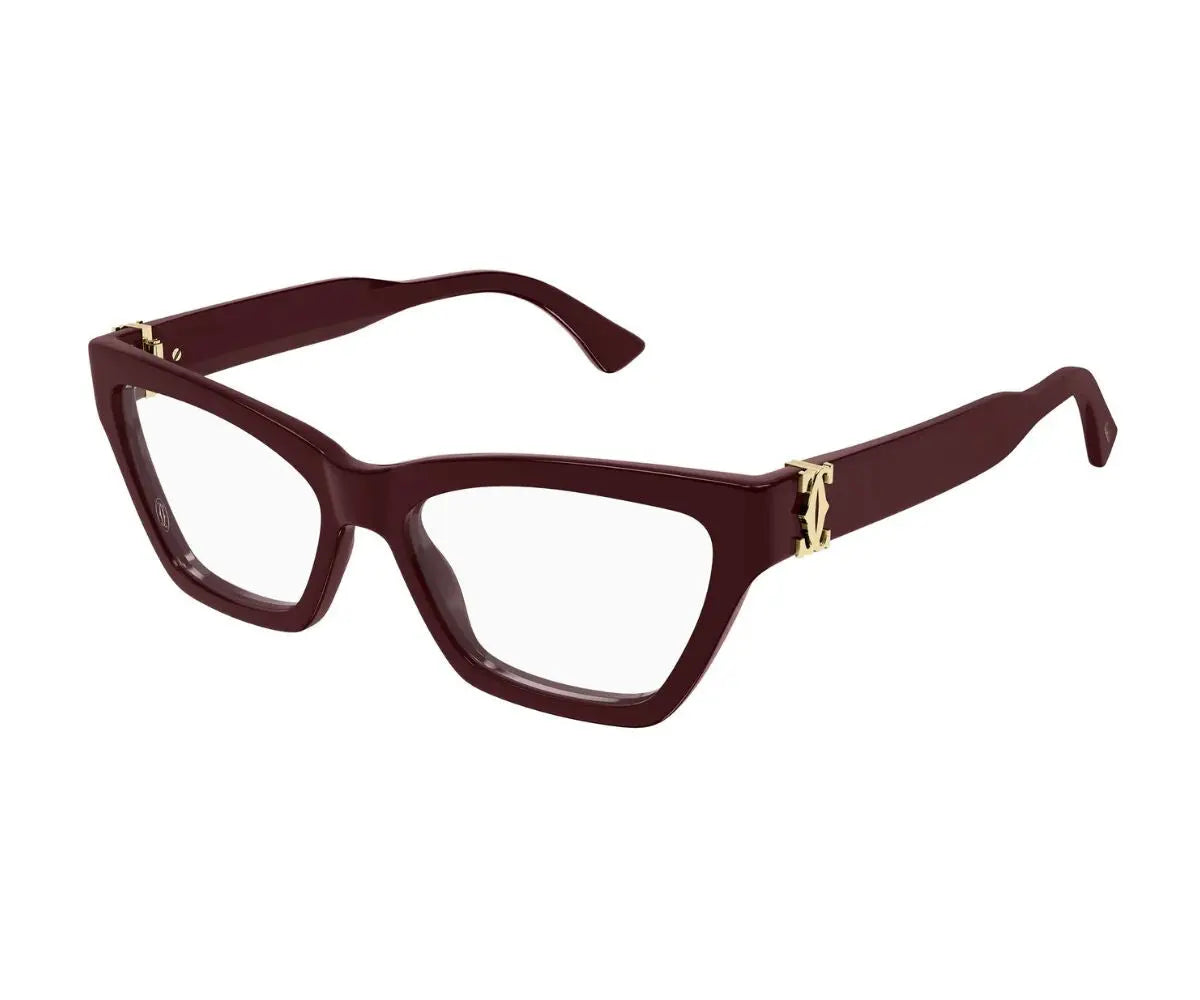 Black eyeglasses with gold logo on a white background