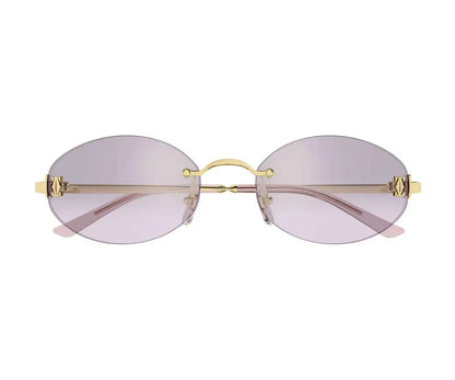 Gold-framed sunglasses with pink lenses on a white background