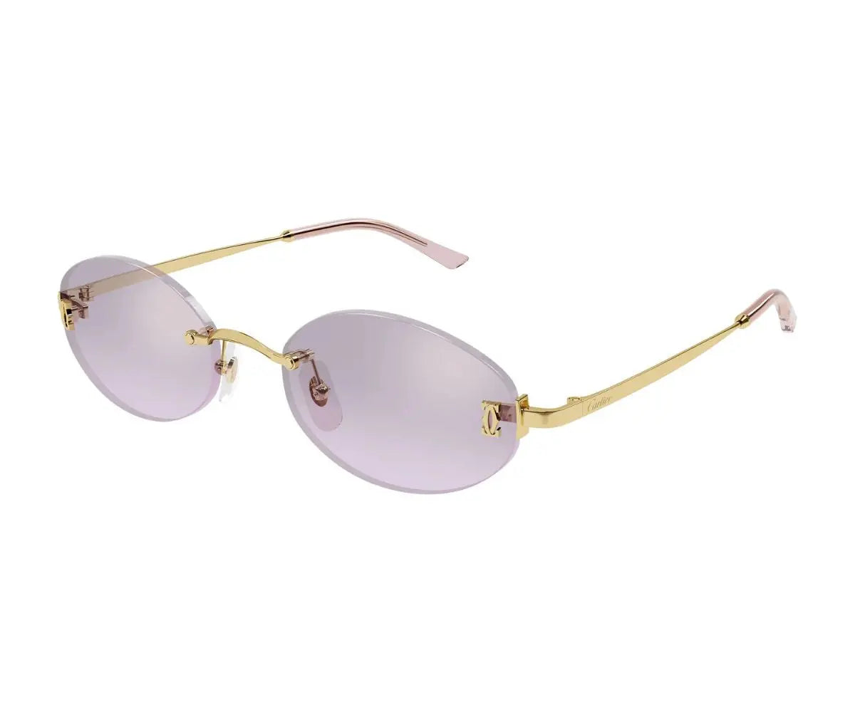 Sunglasses with gold frame and pink lenses on a white background