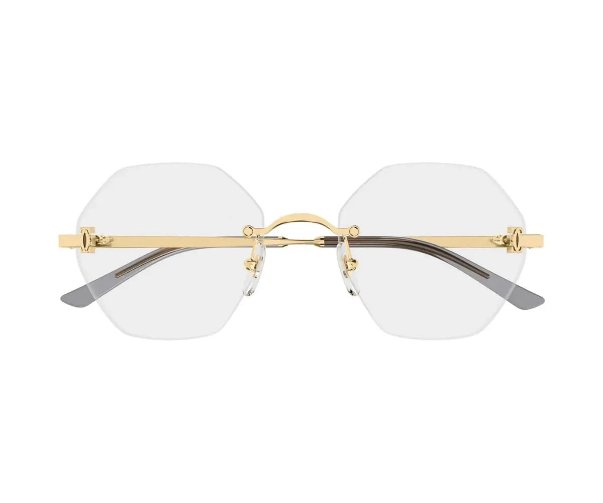 Gold-framed sunglasses with clear lenses on a white background