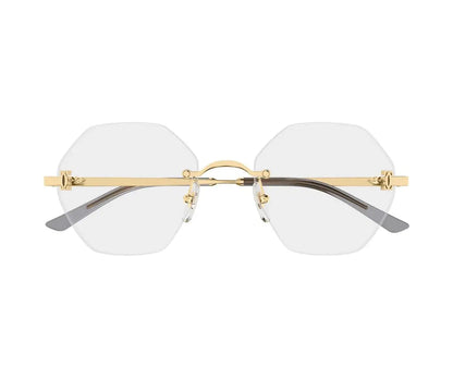 Gold-framed sunglasses with clear lenses on a white background