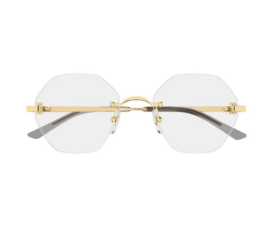 Gold-framed sunglasses with clear lenses on a white background