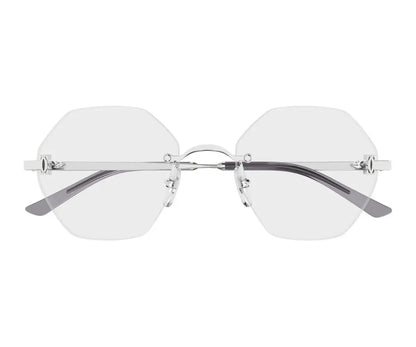 Round rimless sunglasses with silver frame on a white background