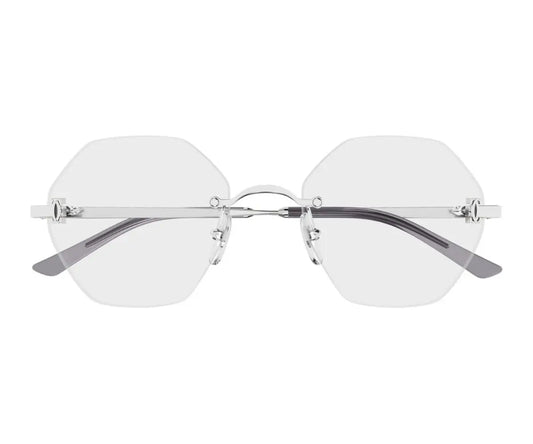 Round rimless sunglasses with silver frame on a white background