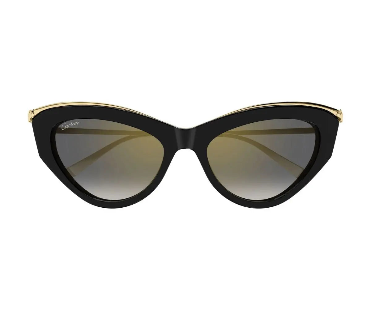 Black cat-eye sunglasses with gold accents on a white background