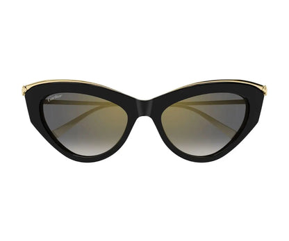 Black cat-eye sunglasses with gold accents on a white background