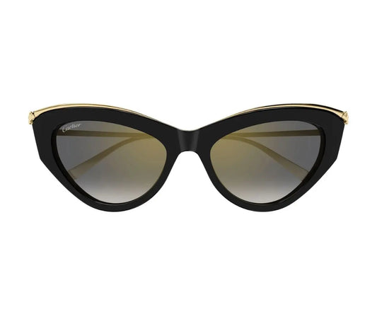 Black cat-eye sunglasses with gold accents on a white background