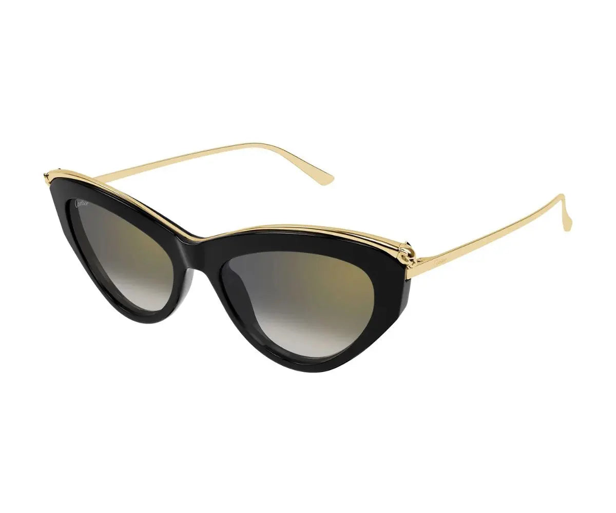 Black cat-eye sunglasses with gold frames on a white background