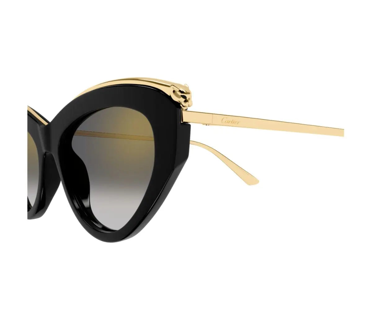 Sunglasses with black lenses and gold frames on a white background