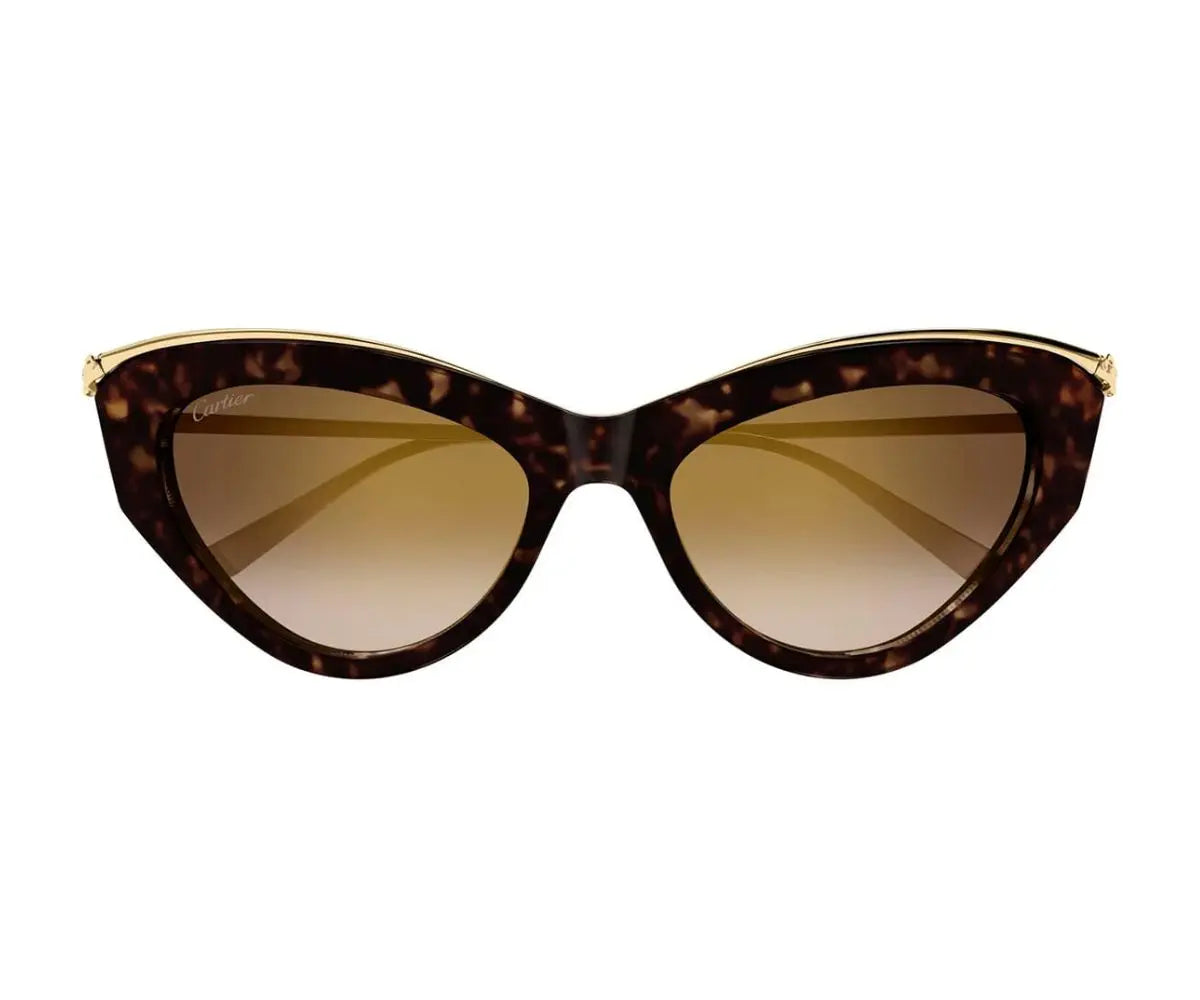 Cat-eye sunglasses with tortoiseshell frame and brown lenses on a white background