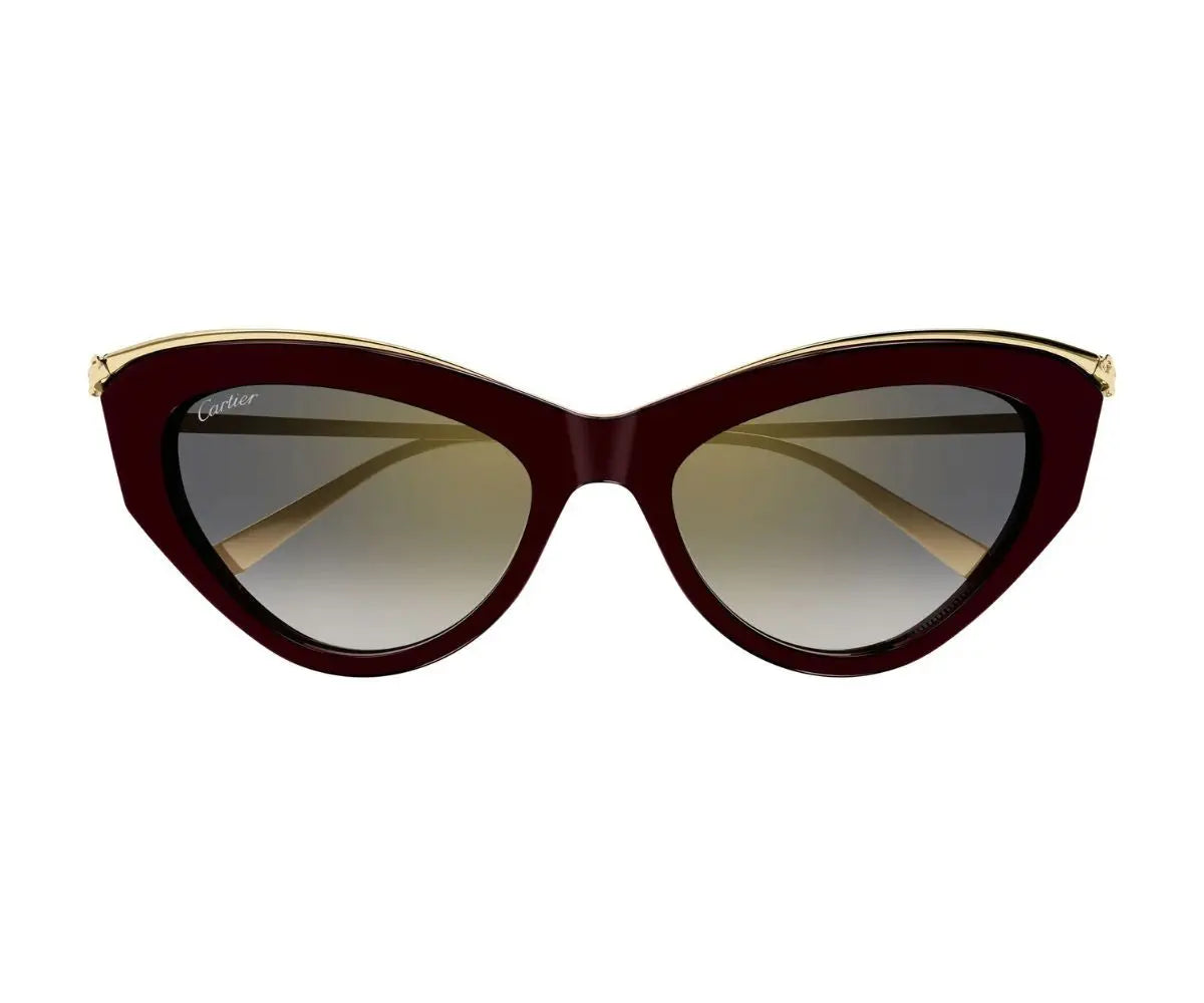 Cat-eye sunglasses with brown frame and gradient lenses on a white background