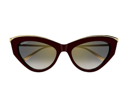 Cat-eye sunglasses with brown frame and gradient lenses on a white background