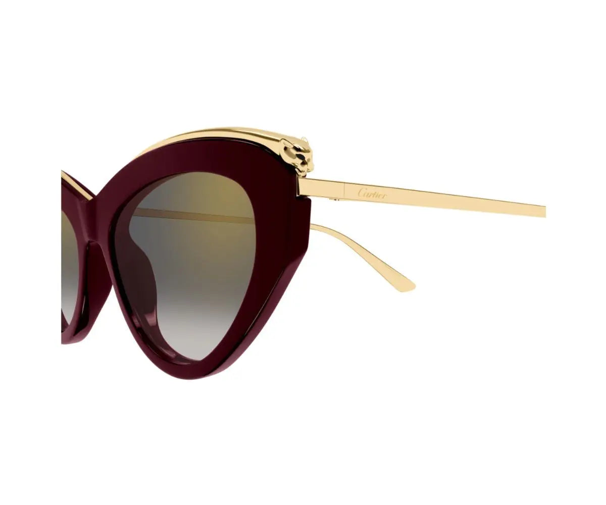 Sunglasses with gold frame and dark red lenses on a white background