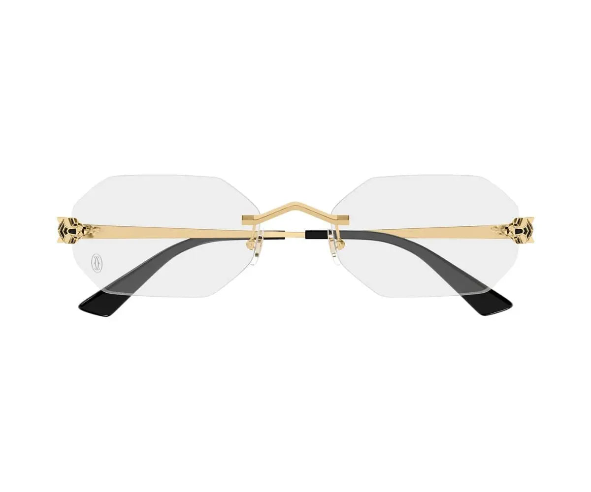 Gold-framed rimless eyeglasses on a white background