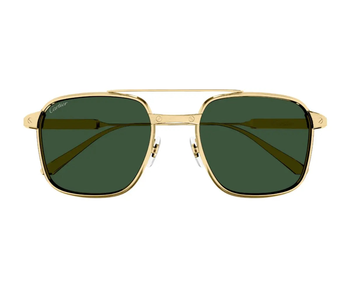 Gold-framed sunglasses with green lenses on a white background