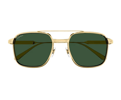 Gold-framed sunglasses with green lenses on a white background