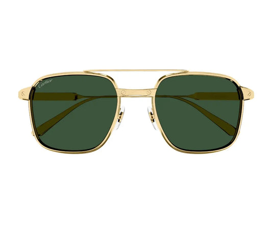 Gold-framed sunglasses with green lenses on a white background