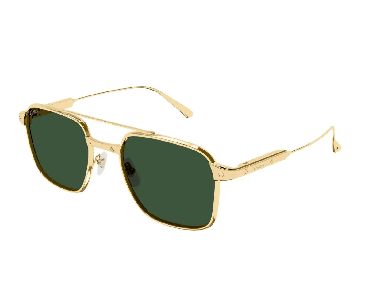 Gold-framed sunglasses with green lenses on a white background