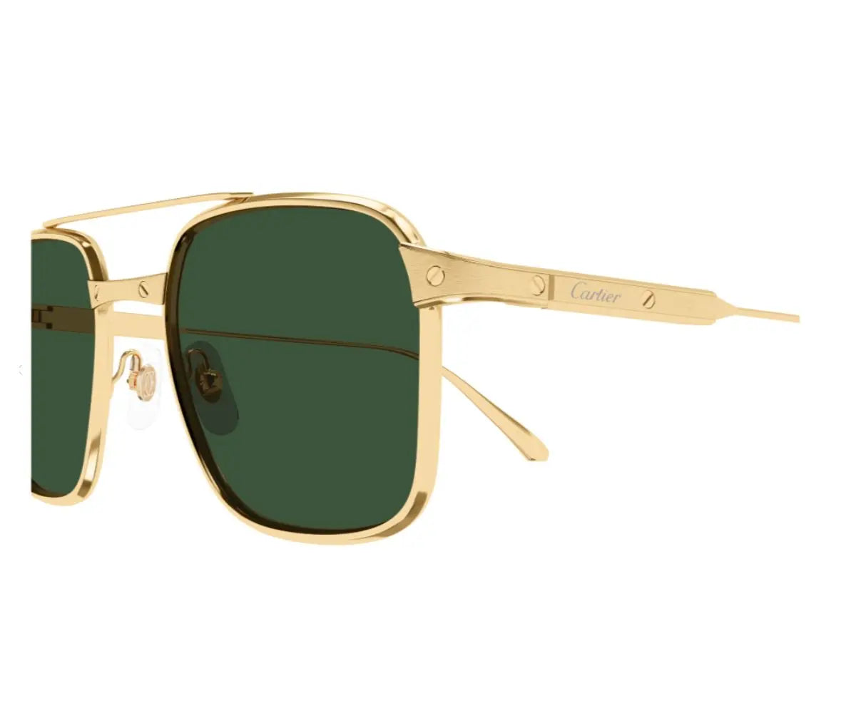 Gold-framed sunglasses with green lenses on a white background