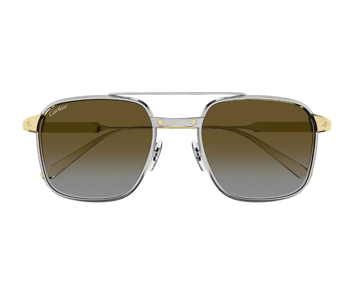 Sunglasses with gold frame and gradient lenses on a white background