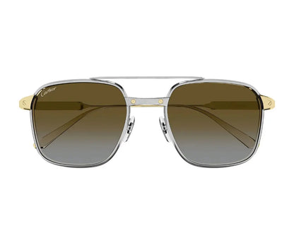 Sunglasses with gold frame and gradient lenses on a white background