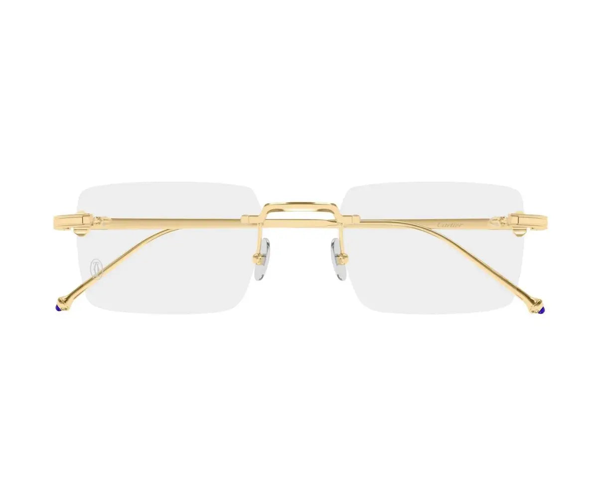 Gold-framed rimless eyeglasses on a white background