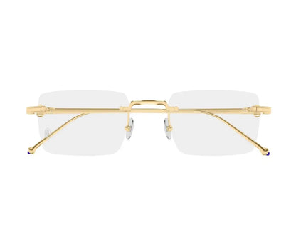 Gold-framed rimless eyeglasses on a white background