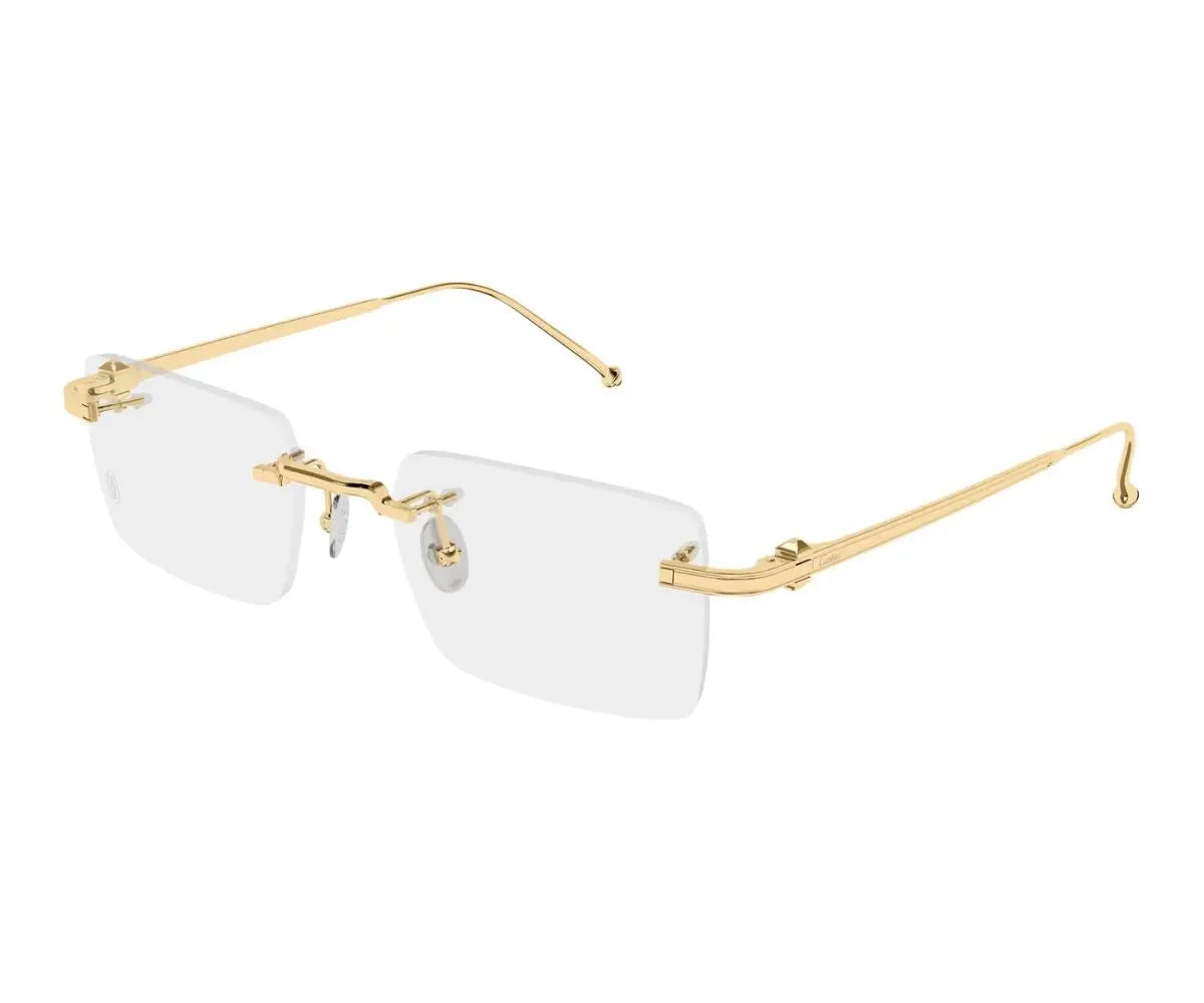 Gold-framed rimless glasses with white lenses on a white background