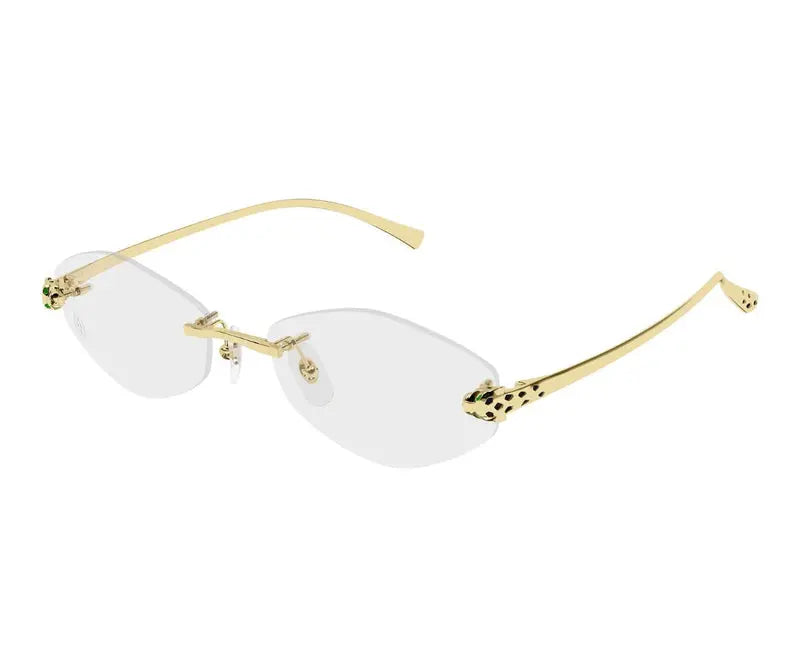 Gold-framed eyeglasses with white lenses on a white background