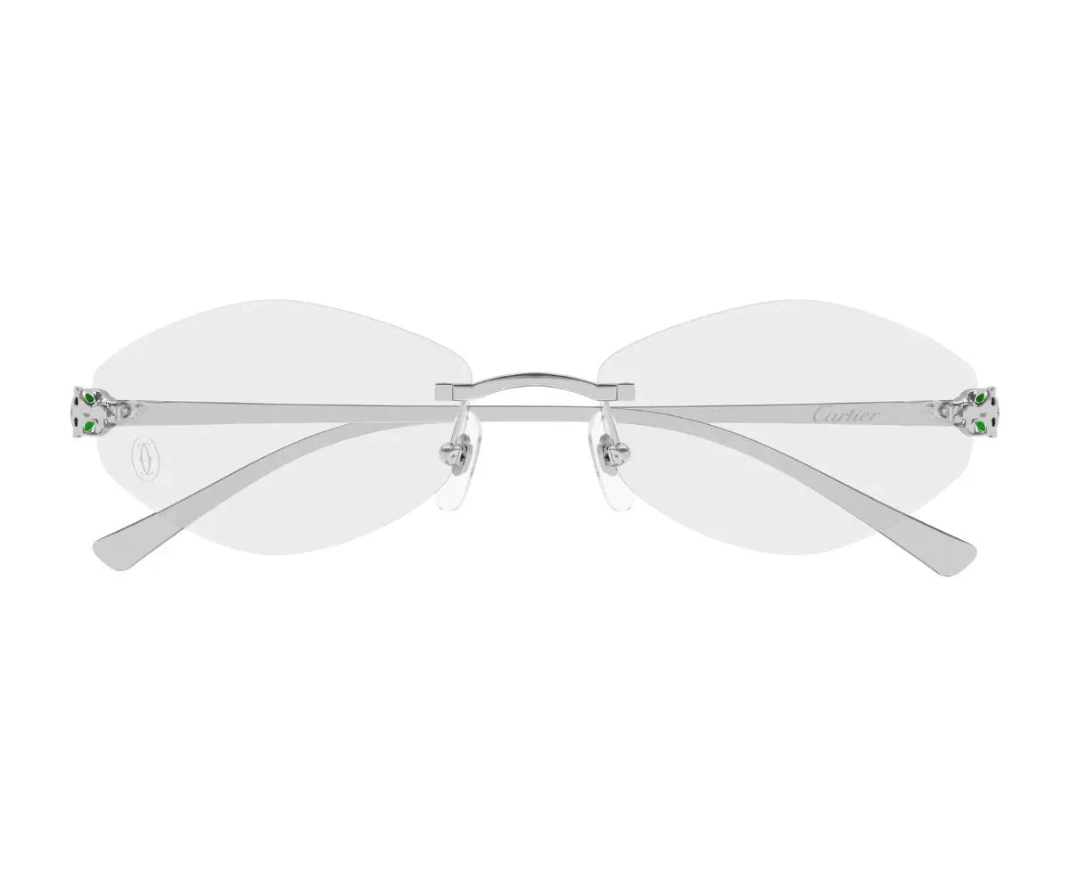Silver rimless eyeglasses on a white background