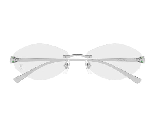 Silver rimless eyeglasses on a white background