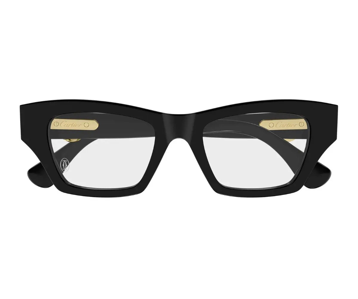 Black eyeglasses with gold accents on a white background
