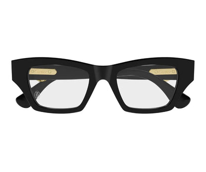 Black eyeglasses with gold accents on a white background