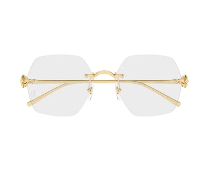 Gold-framed eyeglasses with white lenses on a white background