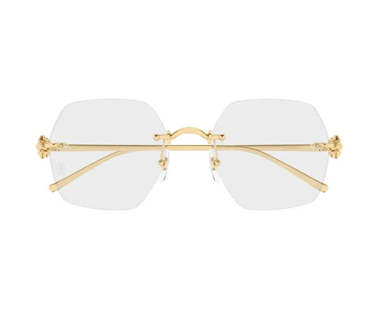 Gold-framed eyeglasses with white lenses on a white background