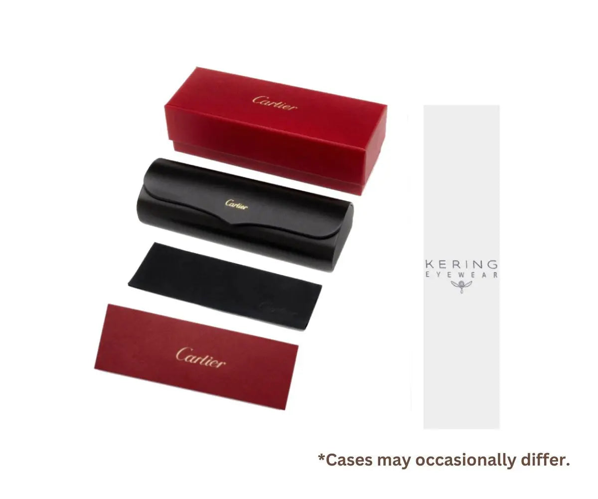 Cartier eyewear cases including a red box, black case, and a white pouch on a white background.