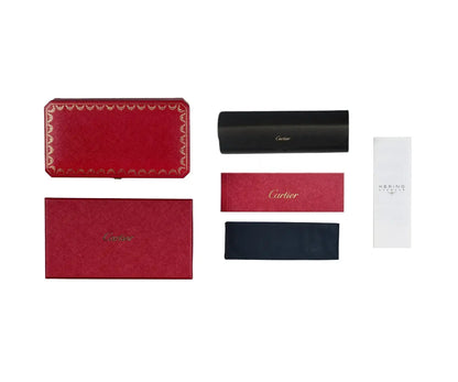 Collection of Cartier products including a red wallet, black case, and white box on a white background.
