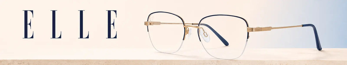 ELLE EL13527-BL gold and navy blue eyeglasses on a premium ivory background – Nayan Sukh Exclusive