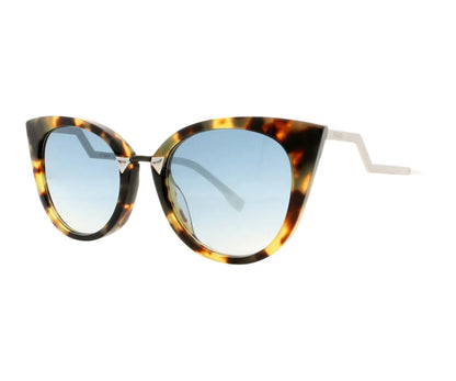Tortoiseshell cat-eye sunglasses with blue lenses on a white background