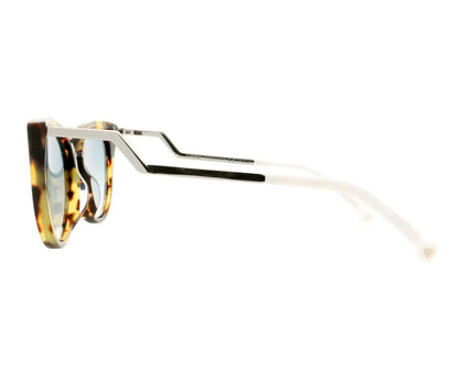 Sunglasses with tortoiseshell frame and white arms on a white background