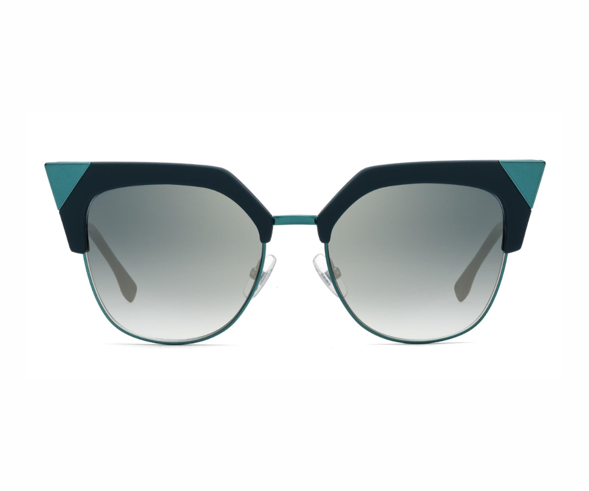 Sunglasses with a blue and black frame on a white background