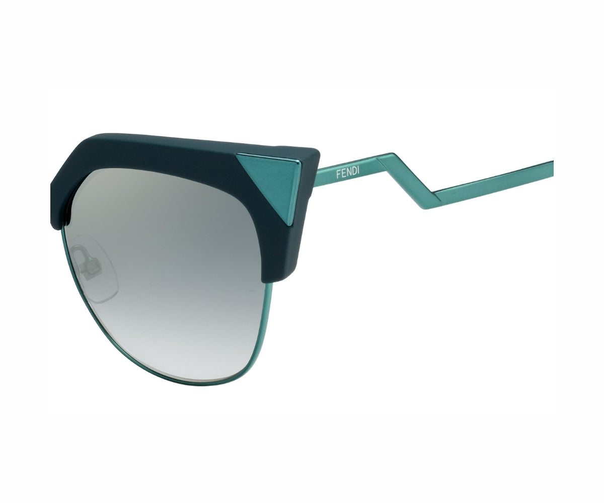 Sunglasses with a blue frame and gradient lens on a white background