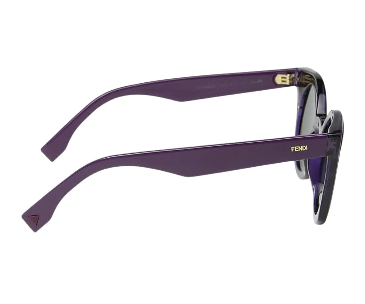 Purple sunglasses with 'Fendi' branding on a white background
