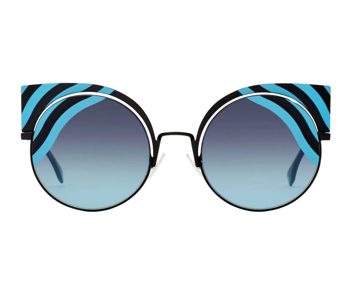 Sunglasses with striped arms on a white background