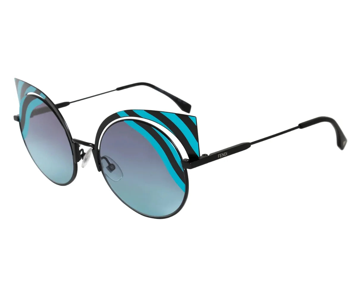 Sunglasses with blue gradient lenses and striped frame on a white background