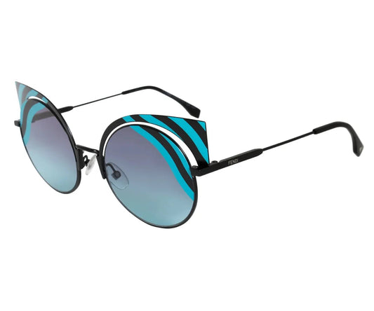 Sunglasses with blue gradient lenses and striped frame on a white background